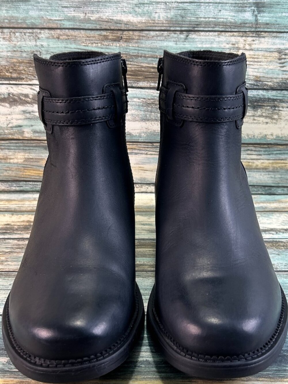 CLARKS Ankle Boot Size 10 Comfort Block Heel Flat Zip Dress Casual Black Leather